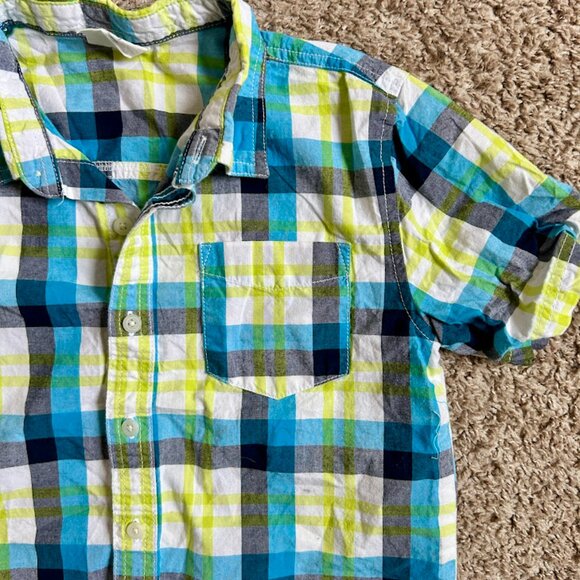 Boys' Blue & Neon Green Plaid Button Down I Size M I Crazy 8 - Picture 4 of 5
